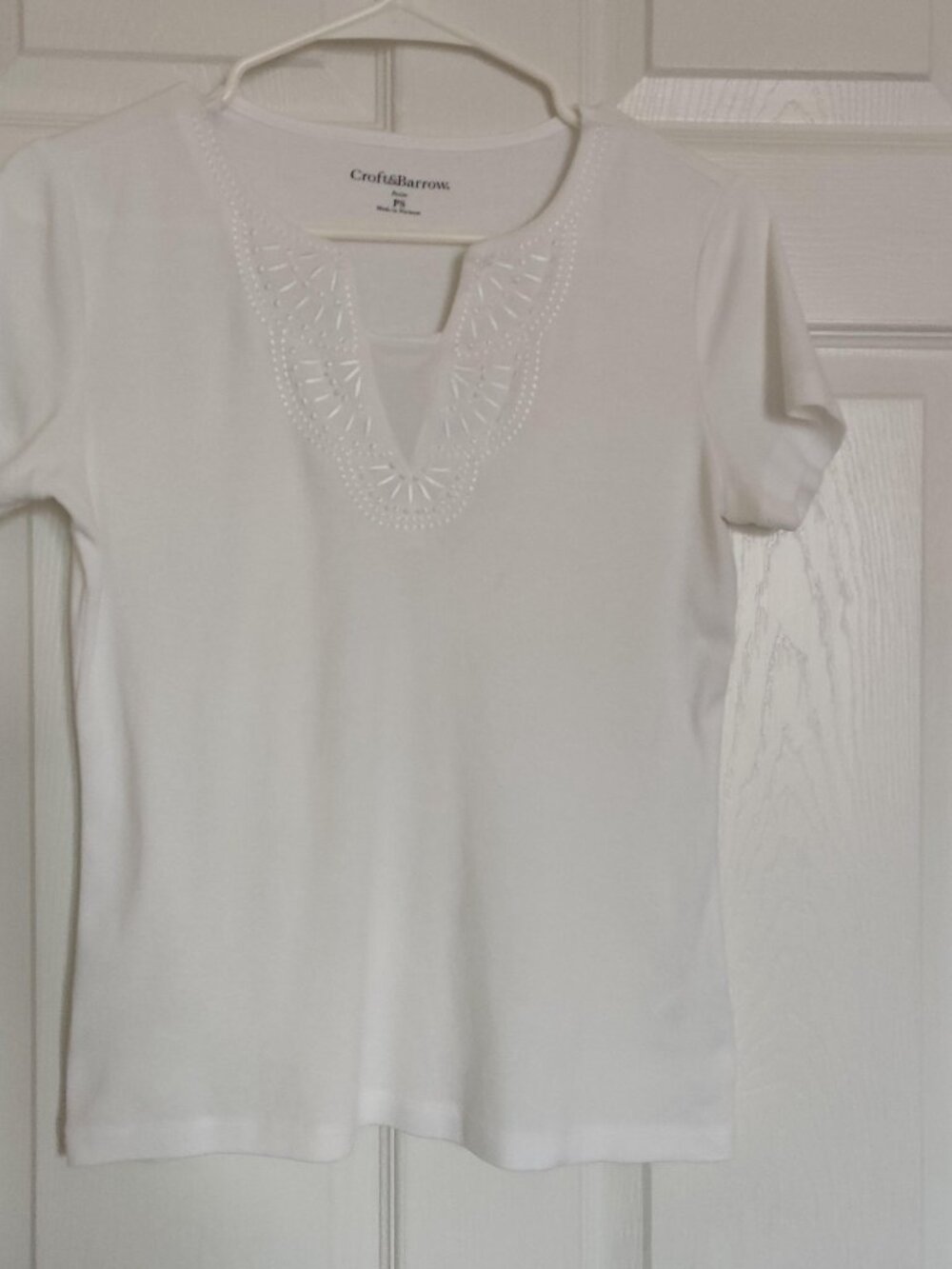 White embroidered Croft and Barrow v neck top
